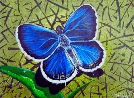 Wildlife art painting of a bluish butterfly with vibrant tones perched on a green leaf by artist Manoj Godpal