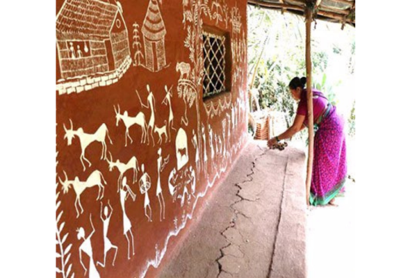 Bhil tribe and traditional wall paintings in Madhya Pradesh village